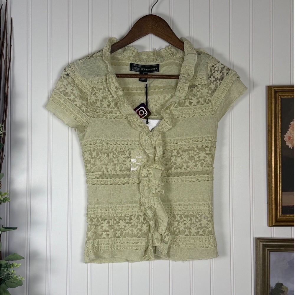 Rich & Famous Top Women‎ S Green New Ruffle Lace Cardigan